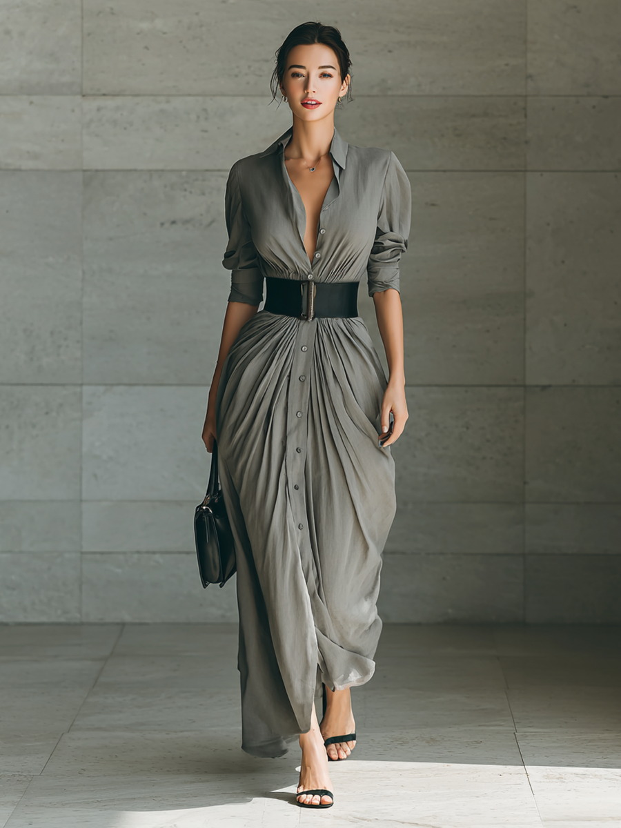 The Winifred – Women's Belted Lapel Long Sleeve Maxi Dress | Huna