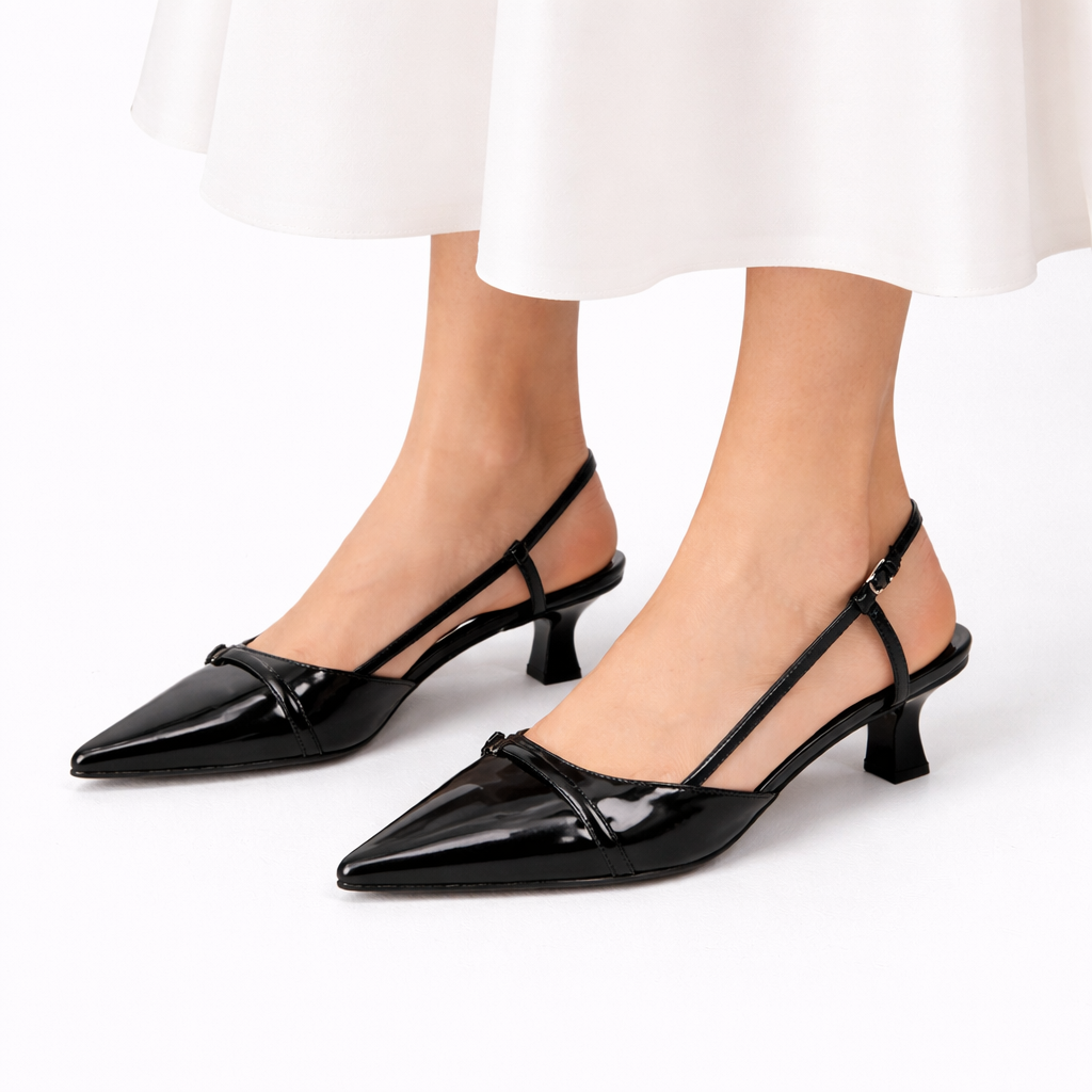 Black Slingback Heels Patent Leather Elegant Pointed Toe