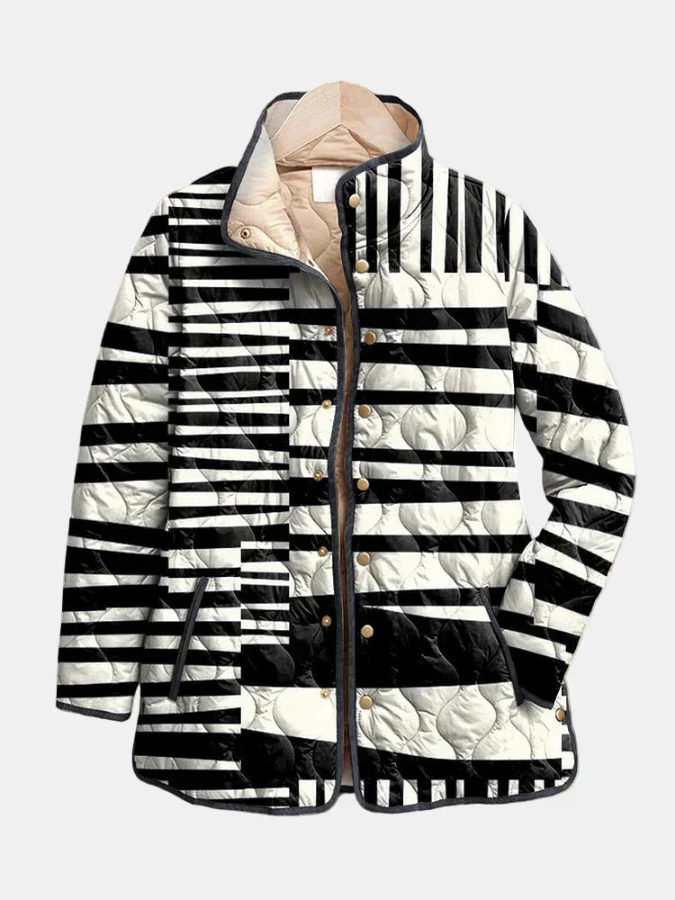 Women's Abstract Quilted Jacket UK – Black & White Modern Fit | The Ines | Huna