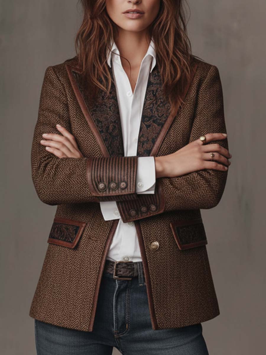 Women's Tweed Blazer UK – Herringbone Leather Trim | The Wren | Huna