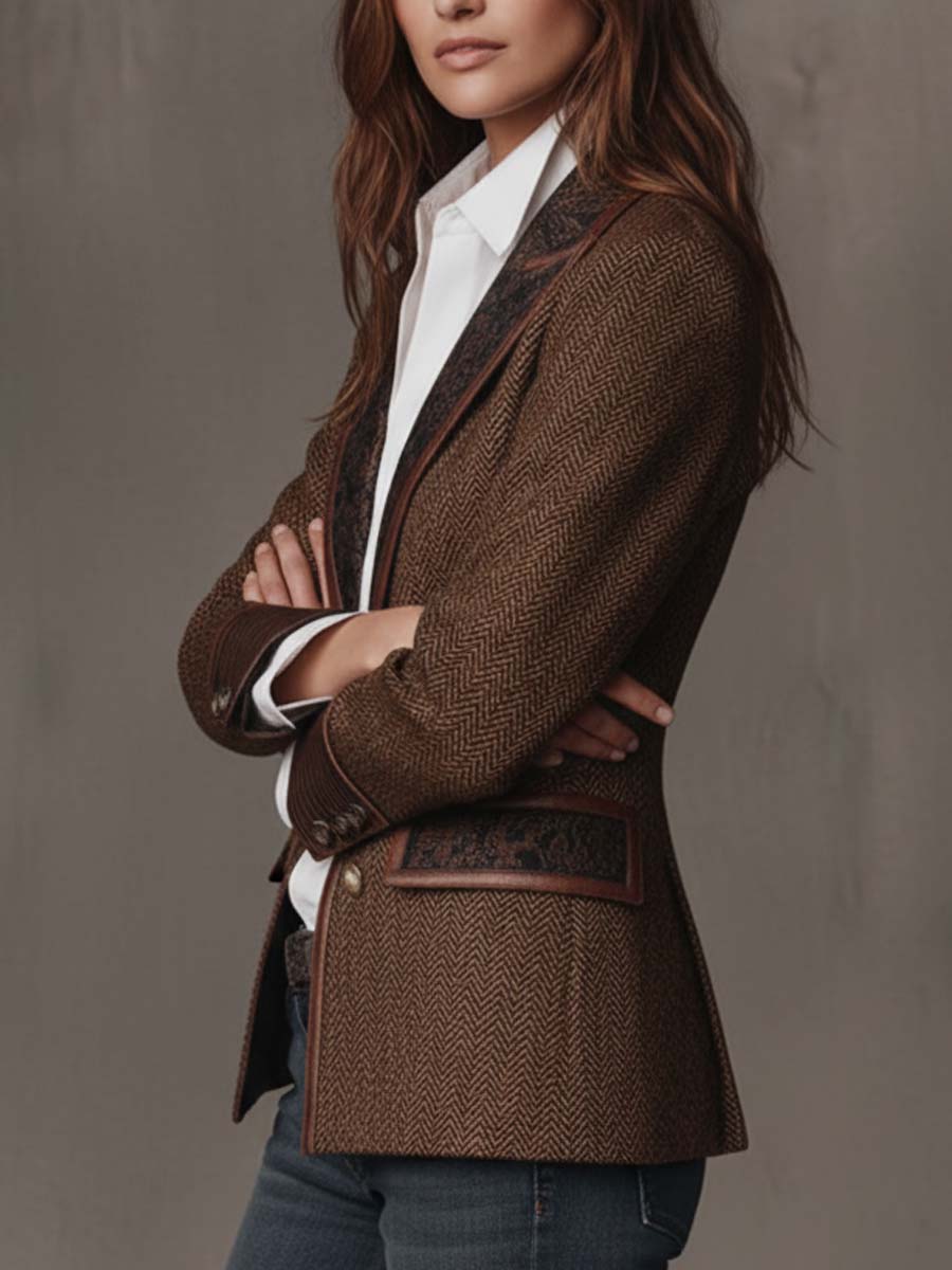 Women's Tweed Blazer UK – Herringbone Leather Trim | The Wren | Huna