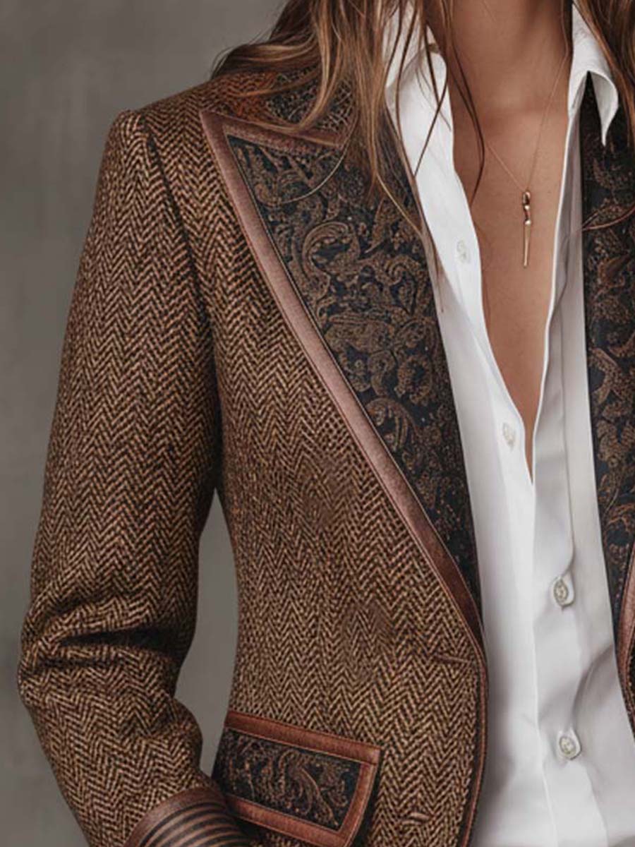 Women's Tweed Blazer UK – Herringbone Leather Trim | The Wren | Huna