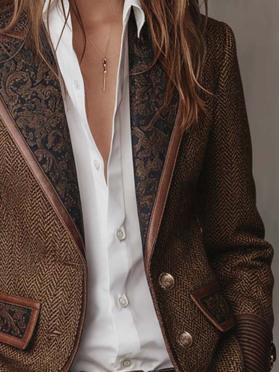 Women's Tweed Blazer UK – Herringbone Leather Trim | The Wren | Huna