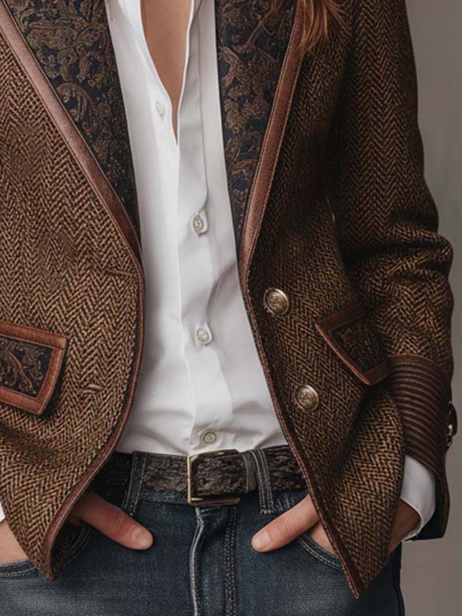 Women's Tweed Blazer UK – Herringbone Leather Trim | The Wren | Huna