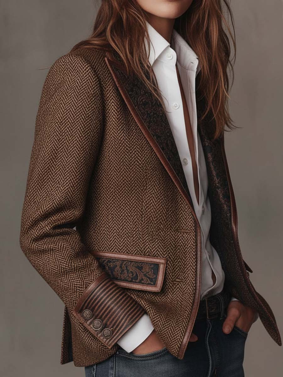 Women's Tweed Blazer UK – Herringbone Leather Trim | The Wren | Huna