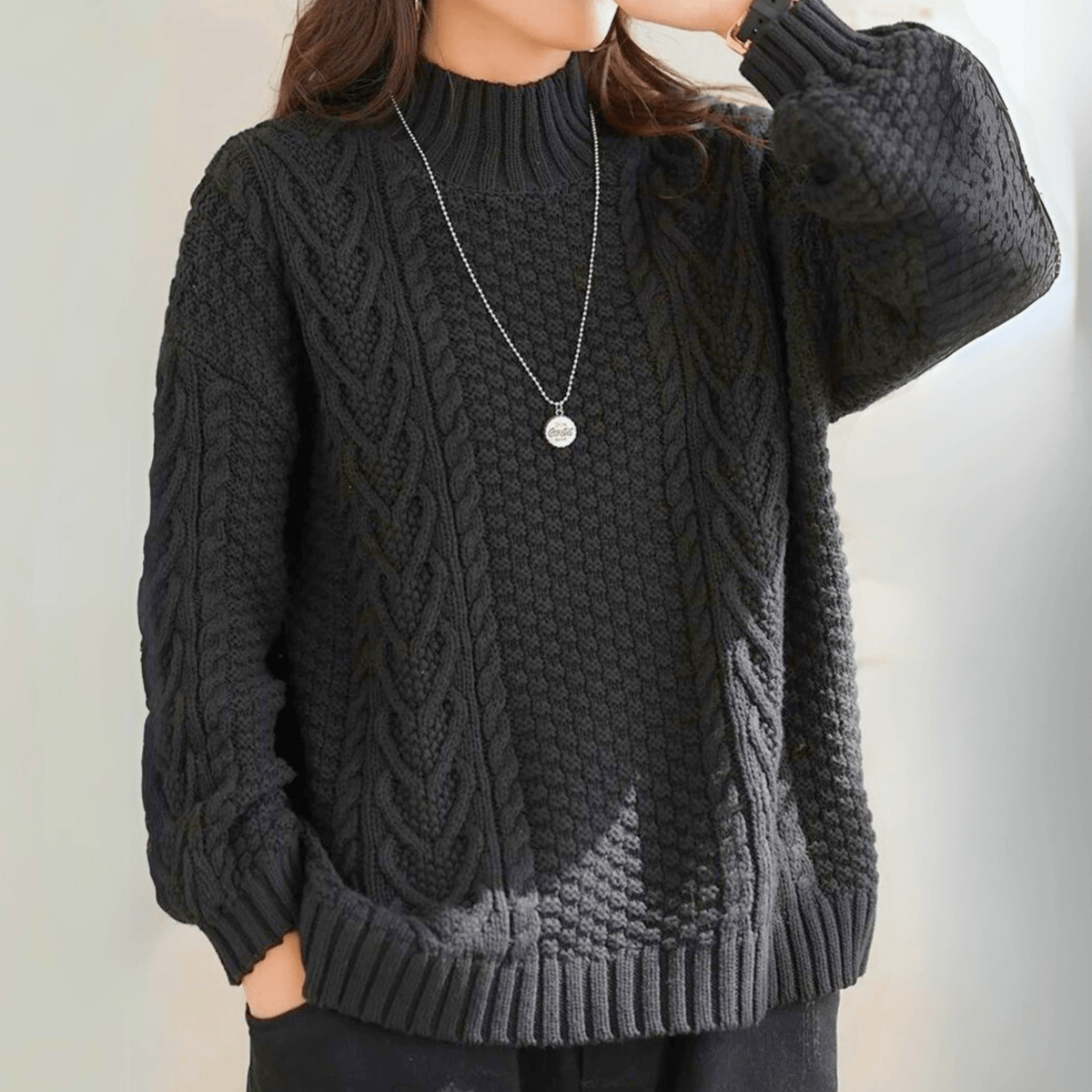 Women's Chunky Cable Knit Jumper – mock neck relaxed fit – product view 7