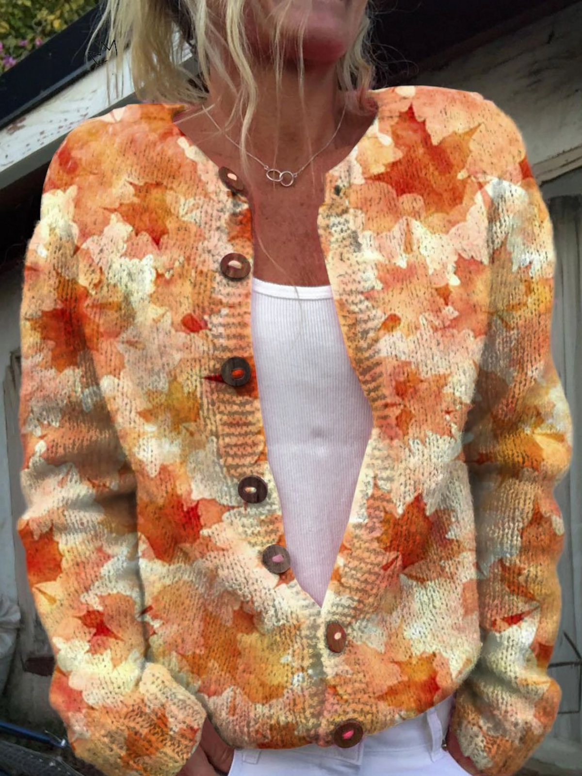Women's Buttoned Cardigan UK – Autumn Leaf Print | The Fable | Huna