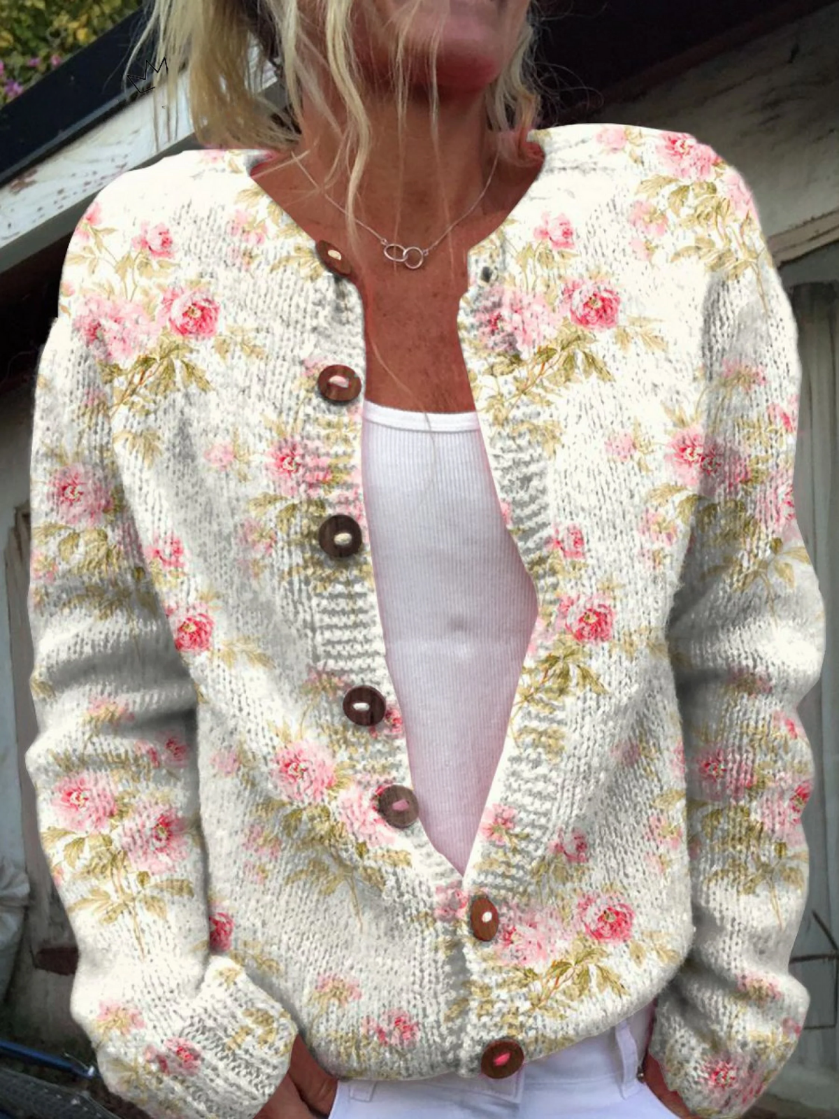 Women's Buttoned Cardigan UK – Pink Floral Print | The Amaryllis | Huna