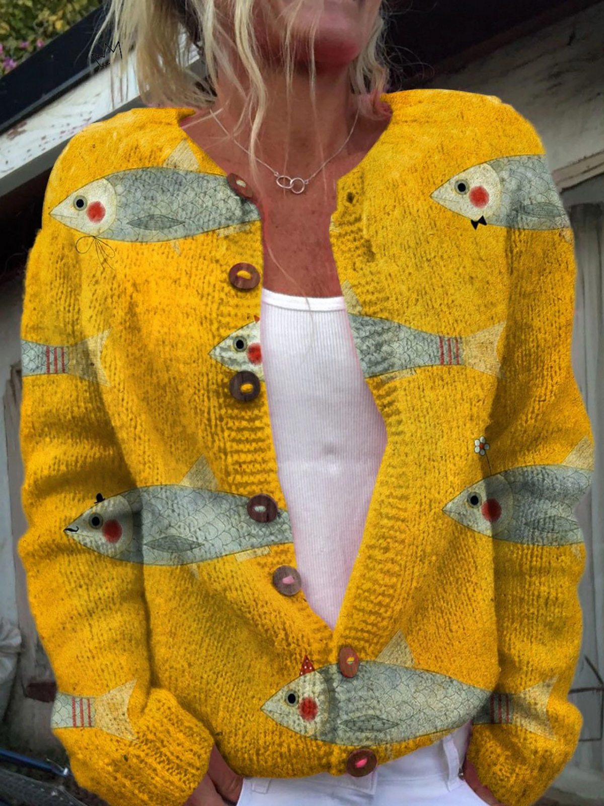 Women's Buttoned Cardigan UK – Vintage Art Print Knit | The Sabine | Huna