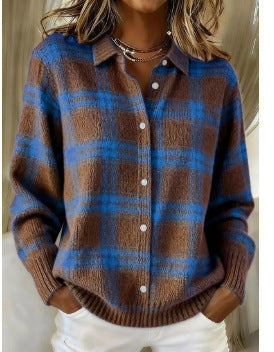 Women's Cardigan UK – Brown Blue Check | The Liz | Huna