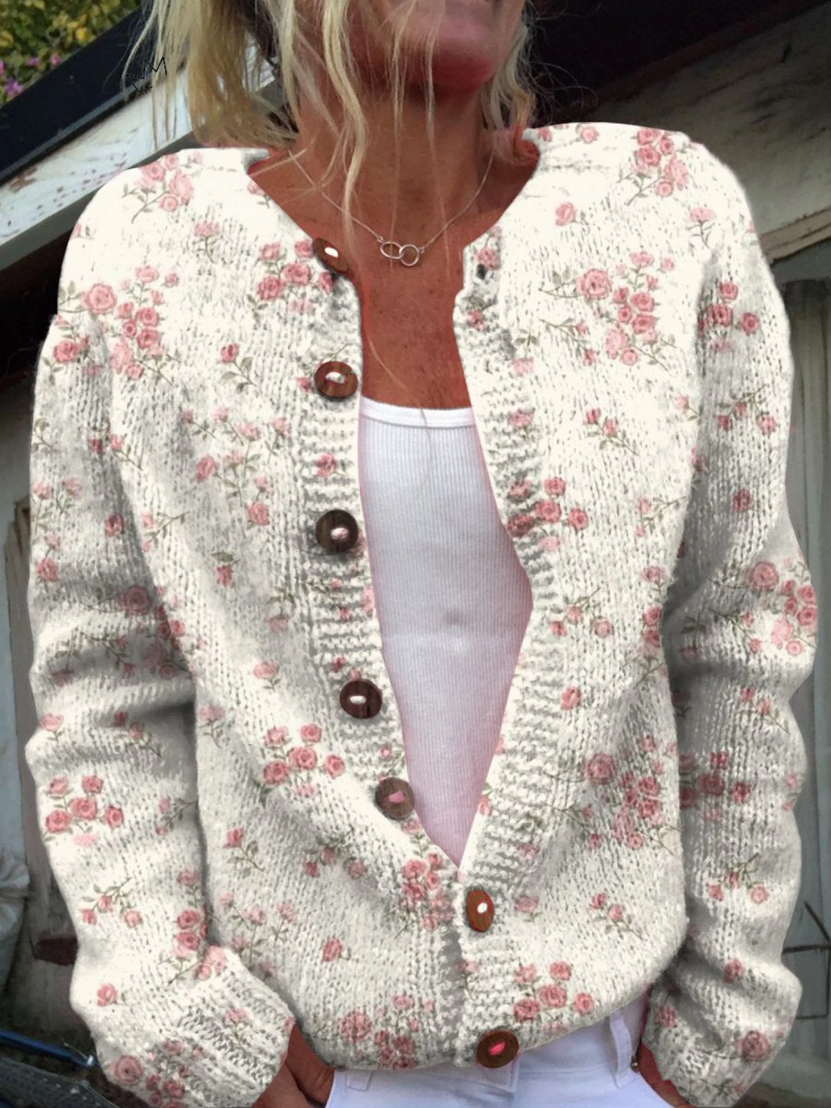Women's Cardigan UK – Pink Rose Print Buttoned | The Briar | Huna