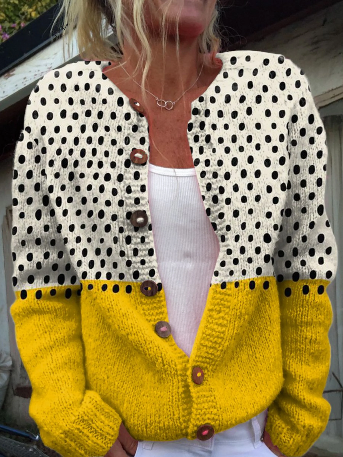 Women's Cardigan UK – Yellow Geometric Polka Dot | The Zinnia | Huna