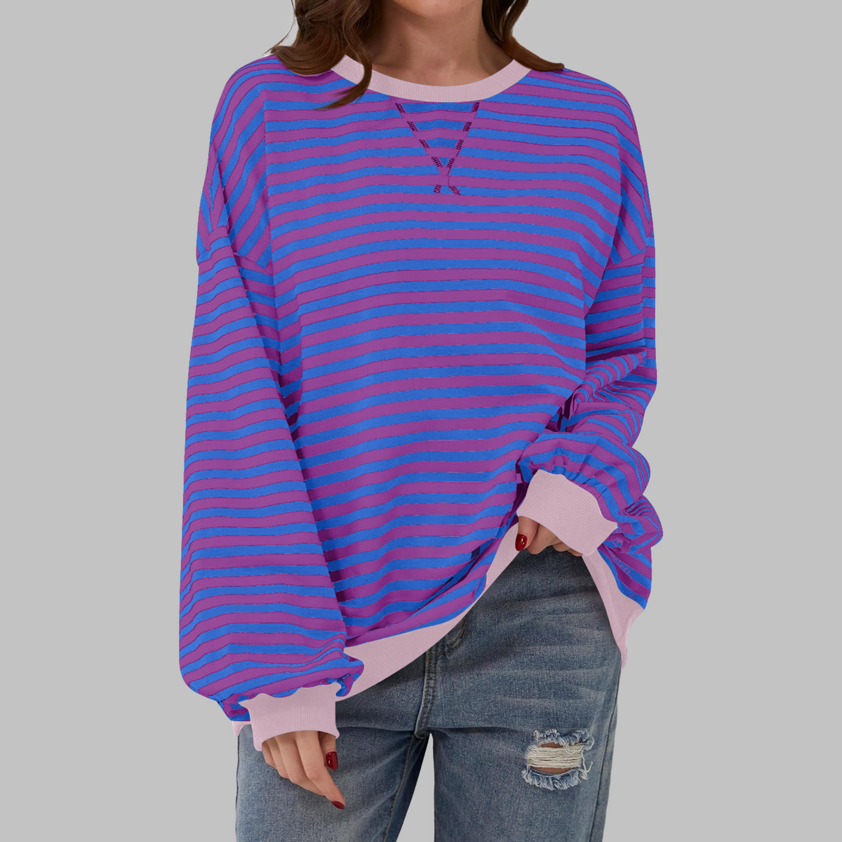 Women's Striped Sweatshirt UK – Casual Round Neck Long Sleeve | The Maribel | Huna