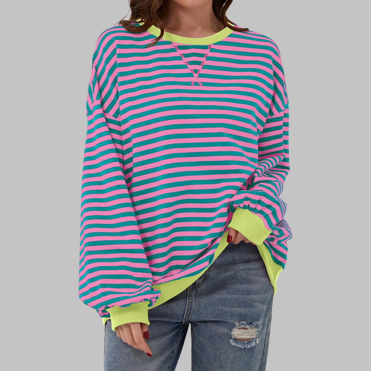 Women's Striped Sweatshirt UK – Casual Round Neck Long Sleeve | The Maribel | Huna