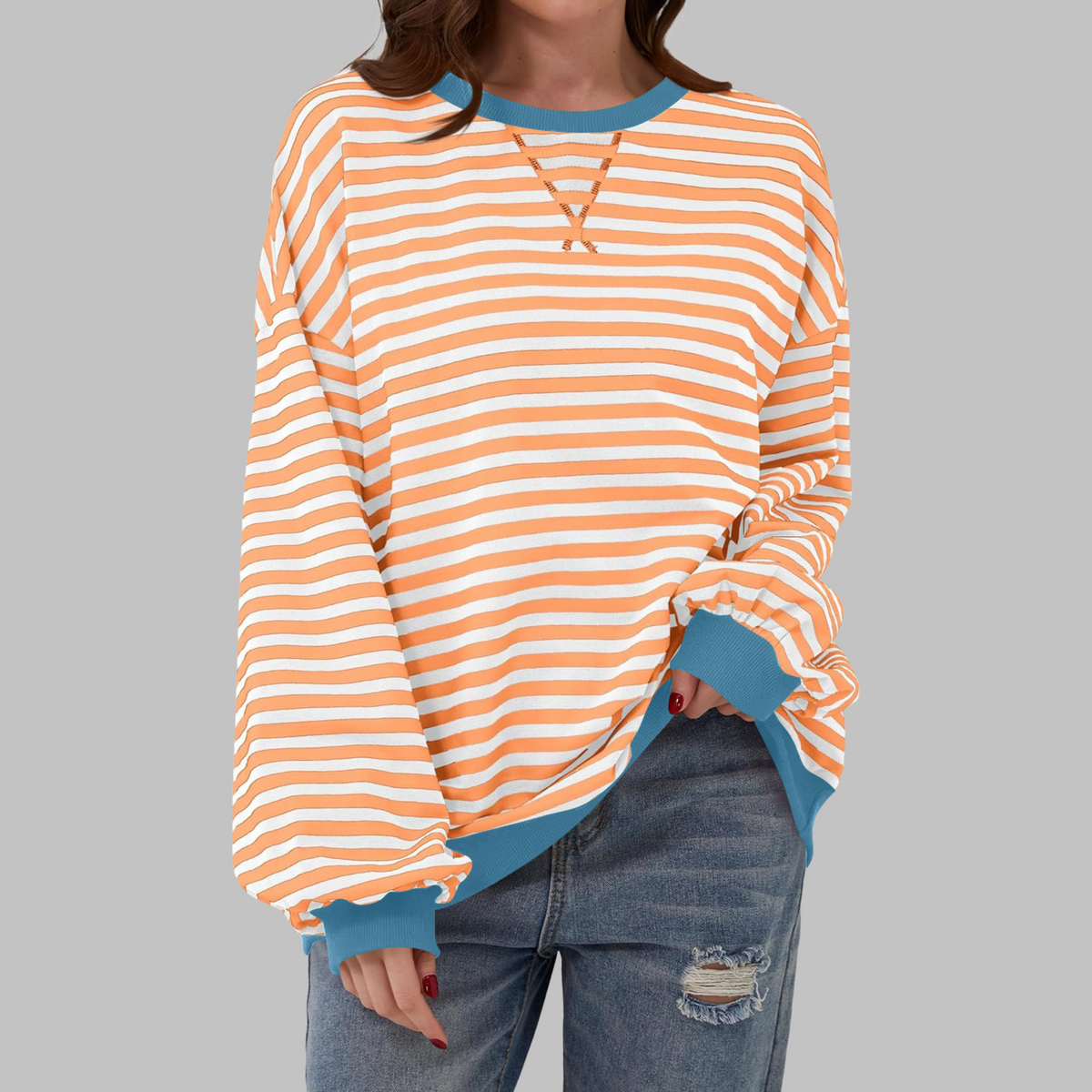 Women's Striped Sweatshirt UK – Casual Round Neck Long Sleeve | The Maribel | Huna