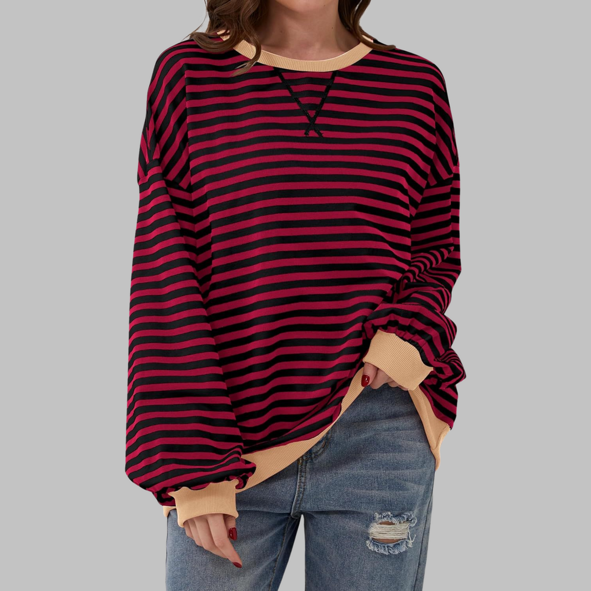Women's Striped Sweatshirt UK – Casual Round Neck Long Sleeve | The Maribel | Huna