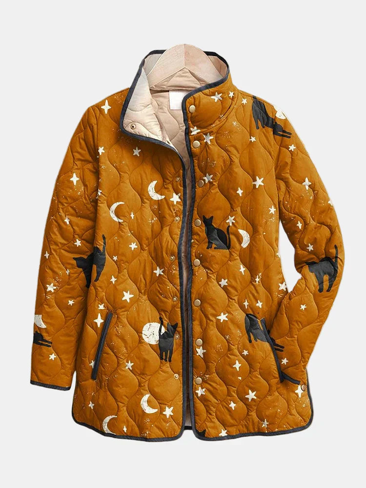 Women's Black Cat Print Quilted Jacket UK – Breathable Fall Winter | The Eira | Huna