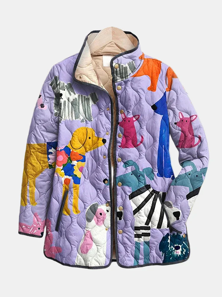 Women's Dog Print Quilted Jacket UK – Casual Relaxed Fit | The Rhea | Huna