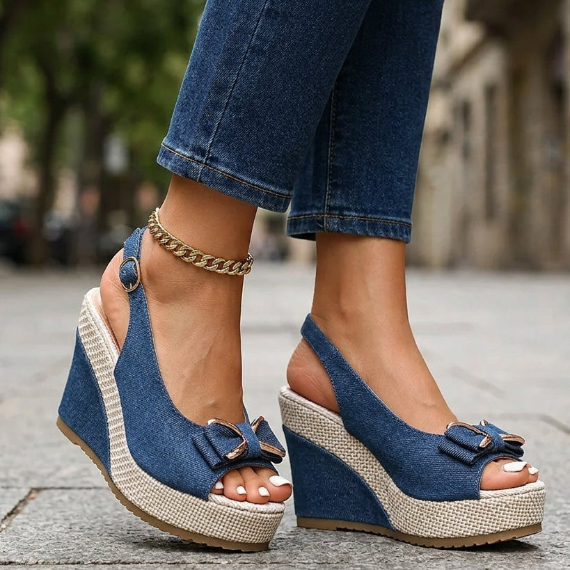 Women's Denim Bow Wedge Heels – Fashion | The Faye | Huna