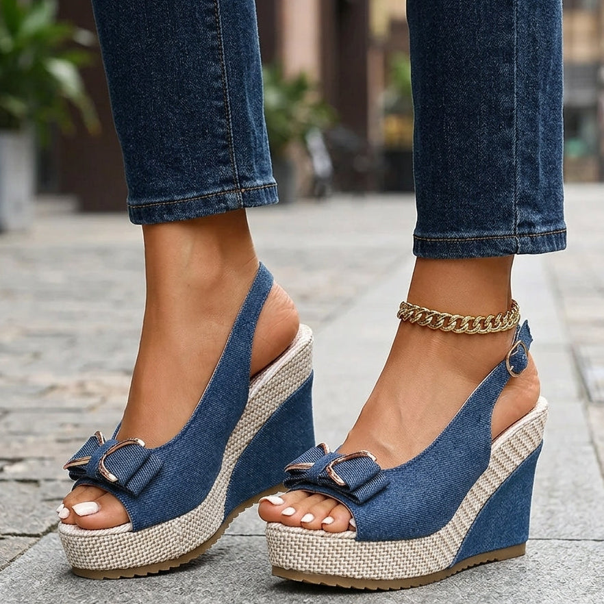 Women's Denim Bow Wedge Heels – Fashion | The Faye | Huna
