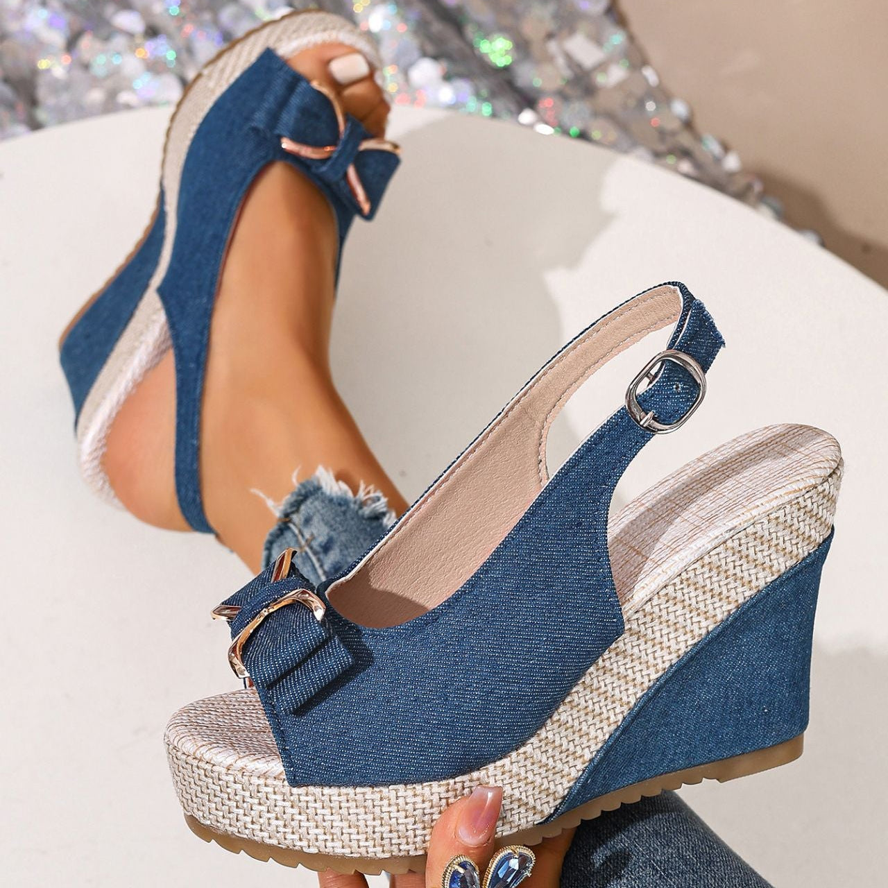 Women's Denim Bow Wedge Heels – Fashion | The Faye | Huna