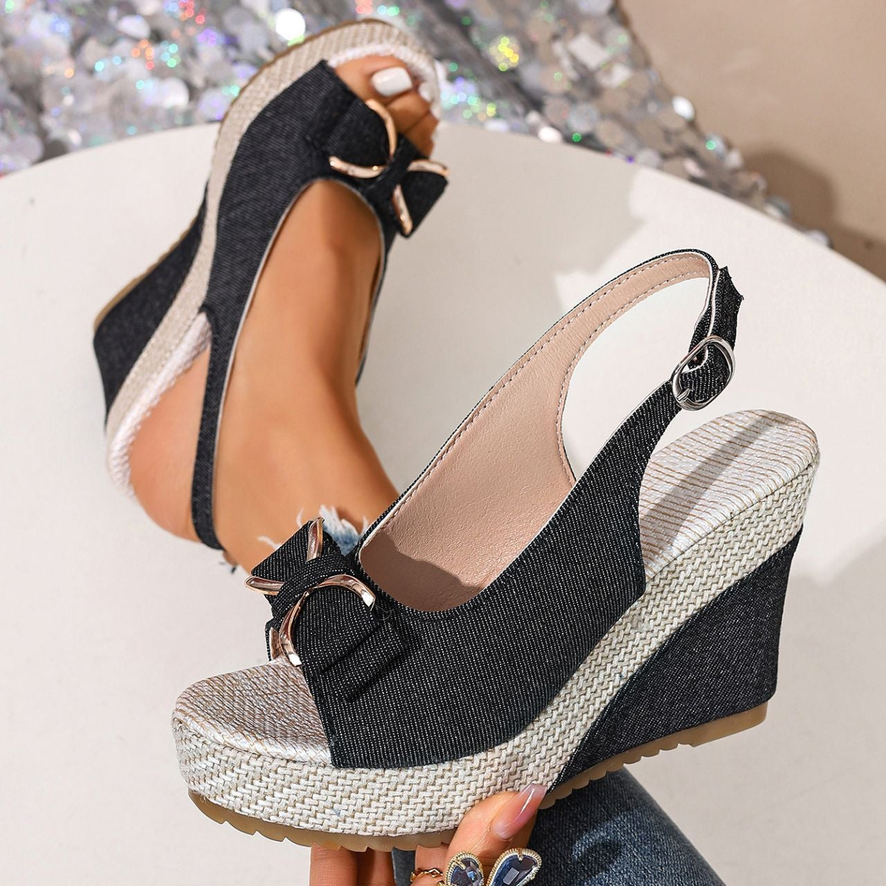 Women's Denim Bow Wedge Heels – Fashion | The Faye | Huna