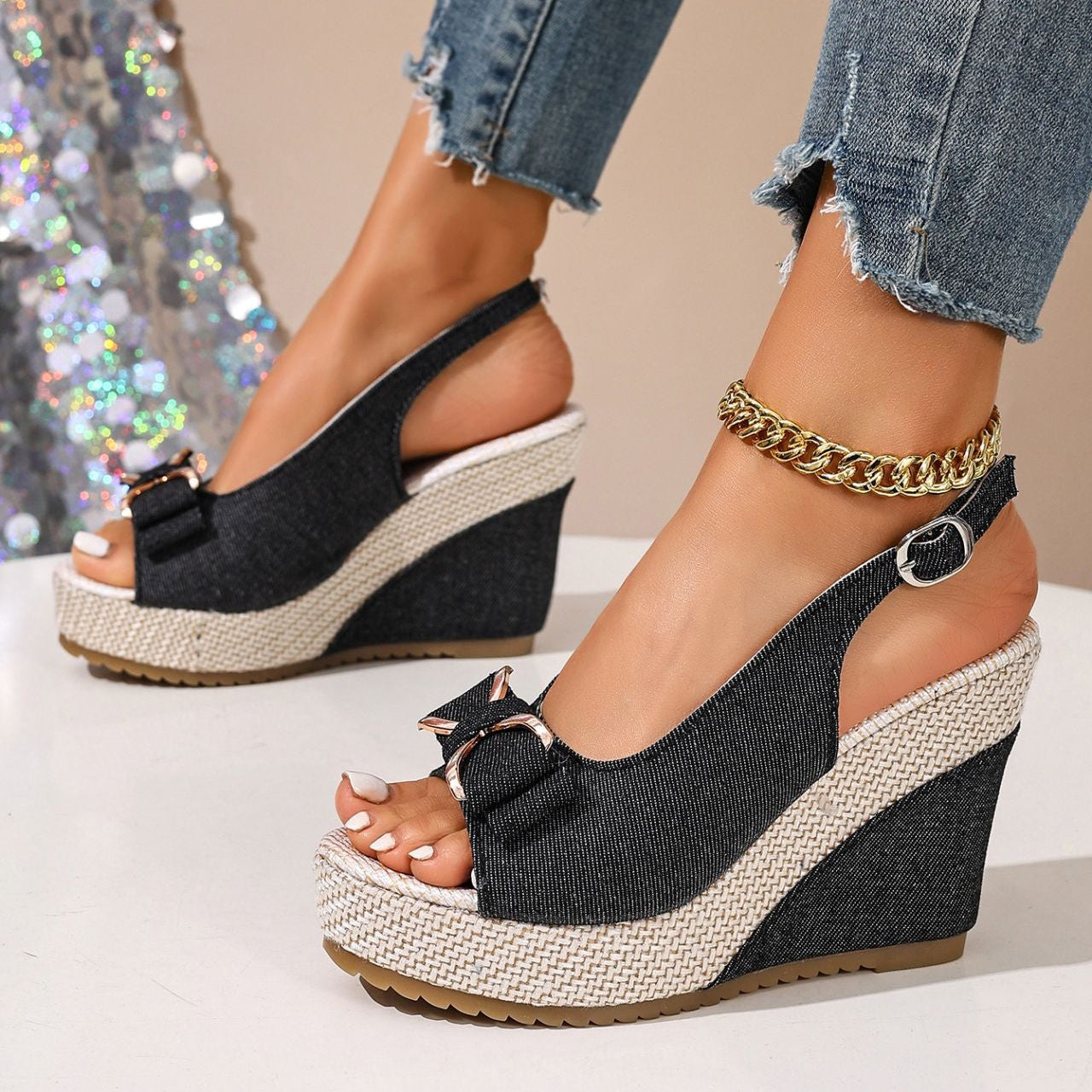 Women's Denim Bow Wedge Heels – Fashion | The Faye | Huna