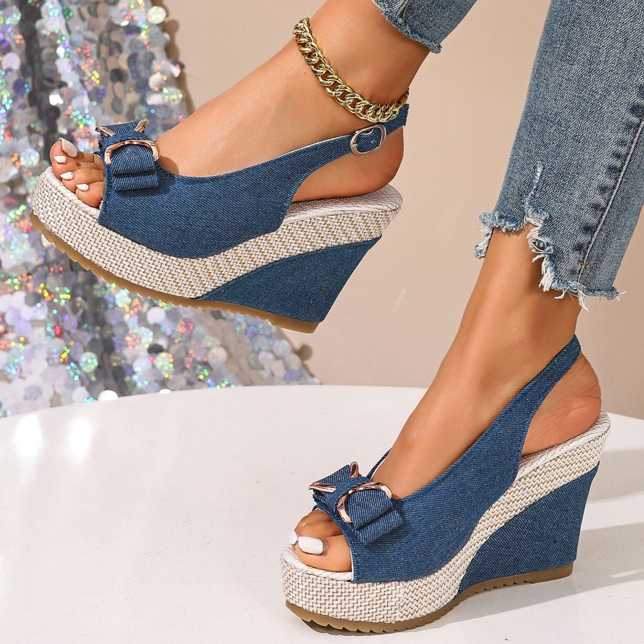 Women's Denim Bow Wedge Heels – Fashion | The Faye | Huna