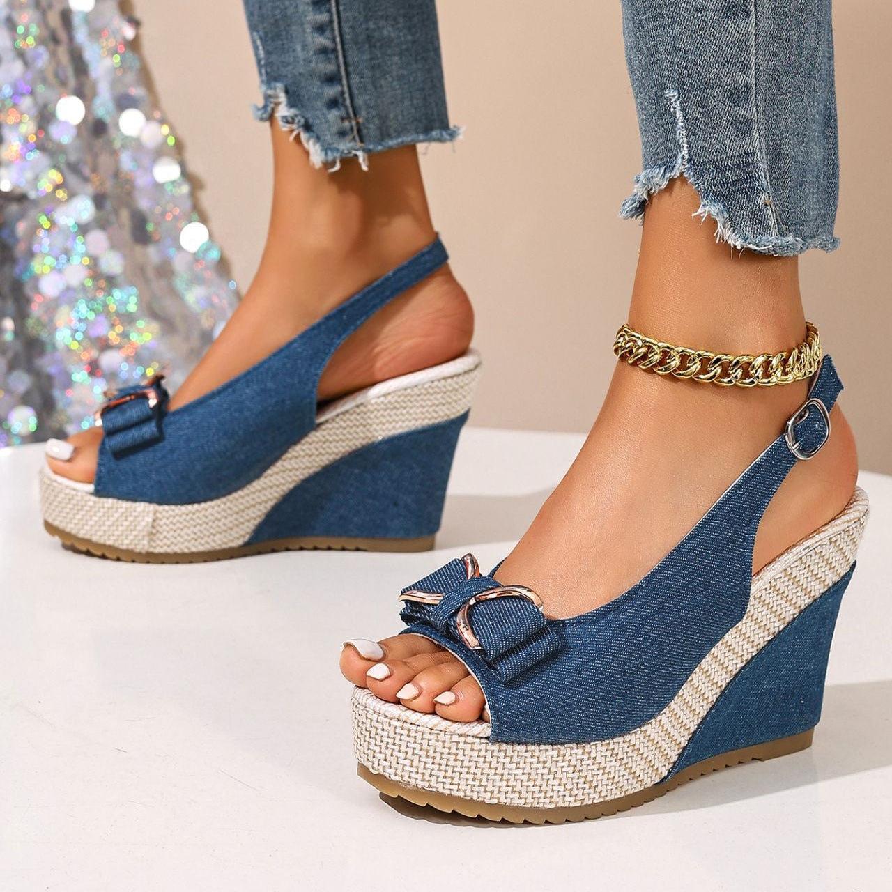 Women's Denim Bow Wedge Heels – Fashion | The Faye | Huna