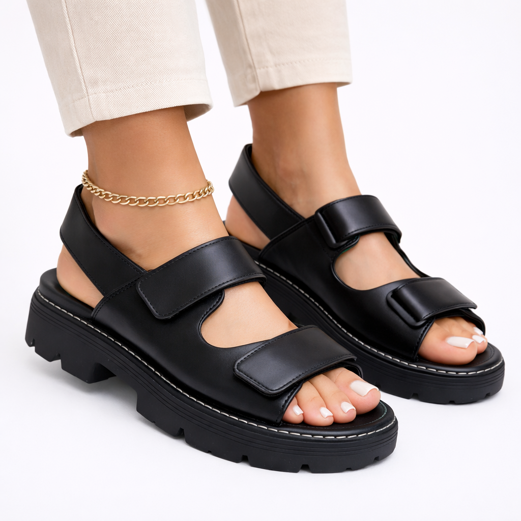 Chunky Platform Sandals Black Synthetic with Adjustable Straps for Women