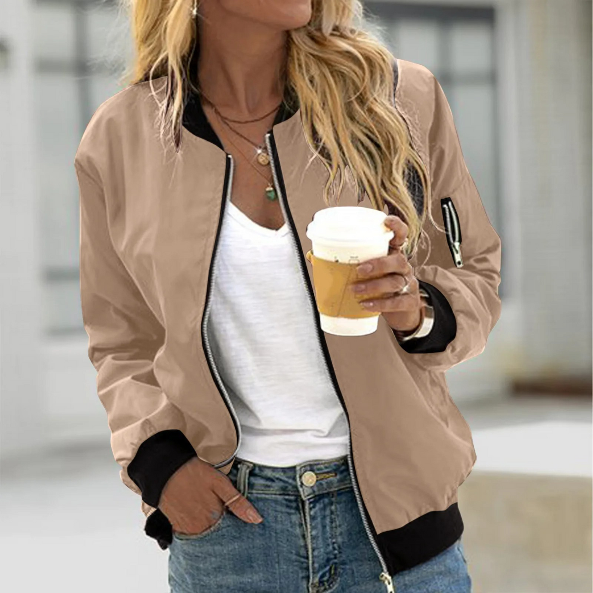 Women's Bomber Jacket UK – Classic Light Zip Pockets | The Averil | Huna