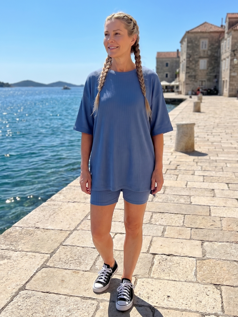 Women's Top & Biker Shorts Set – Relaxed Co-ord | The Coline | Huna