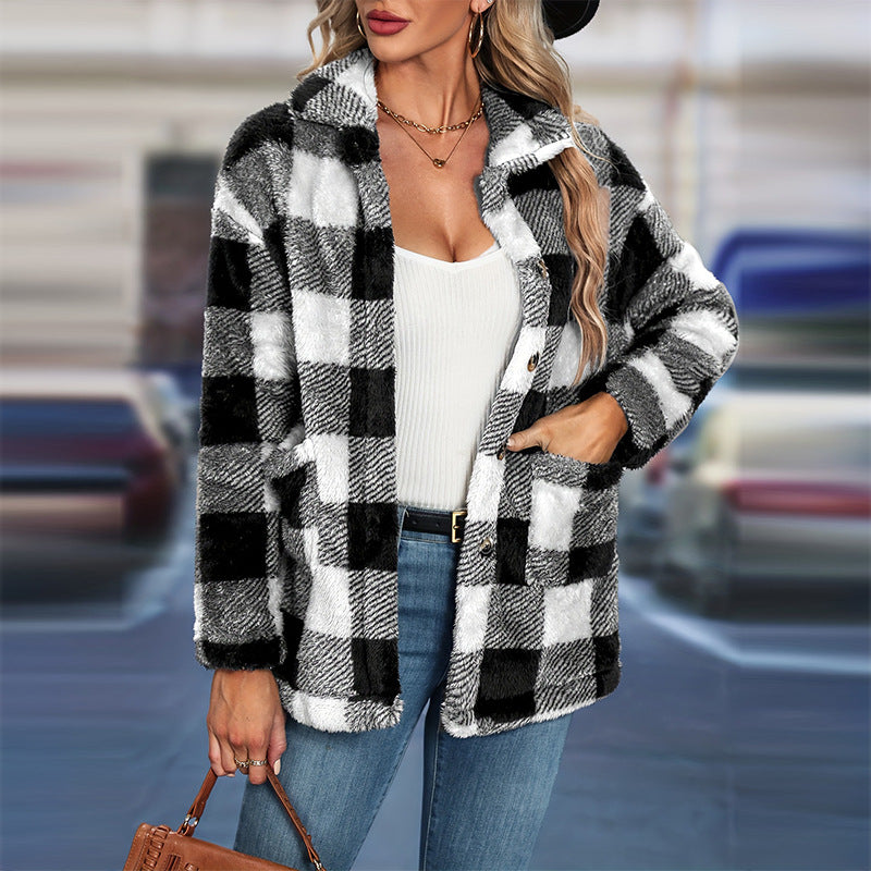 Women's Check Teddy Shacket UK – Button Front Collar | The Ines | Huna