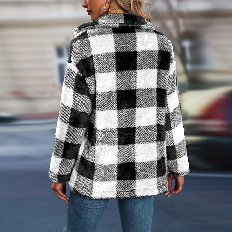 Women's Check Teddy Shacket UK – Button Front Collar | The Ines | Huna