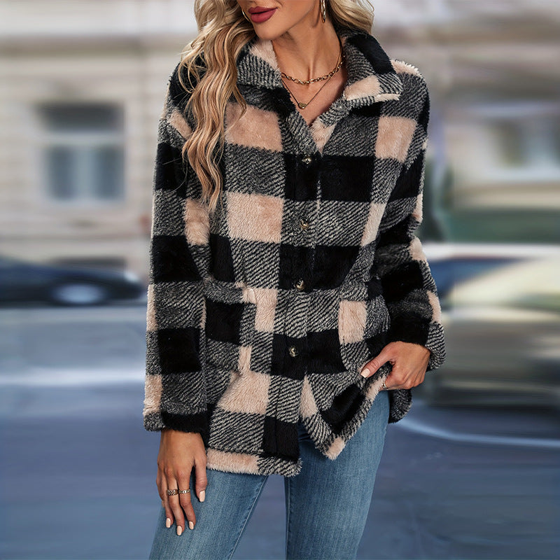 Women's Check Teddy Shacket UK – Button Front Collar | The Ines | Huna