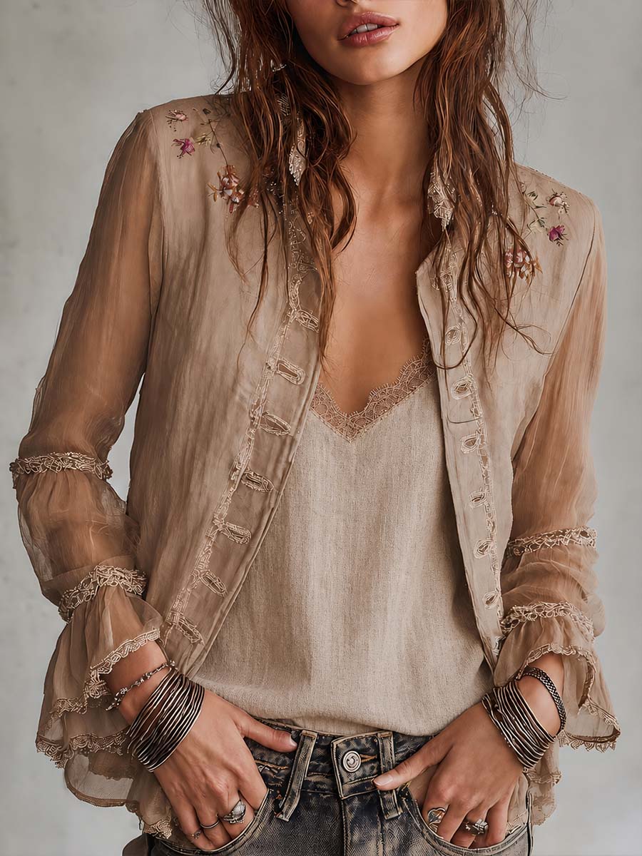Women's Cotton-Linen Blazer UK – Sheer Embroidered Sleeves | The Beatrice | Huna
