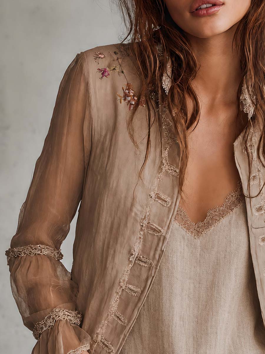 Women's Cotton-Linen Blazer UK – Sheer Embroidered Sleeves | The Beatrice | Huna