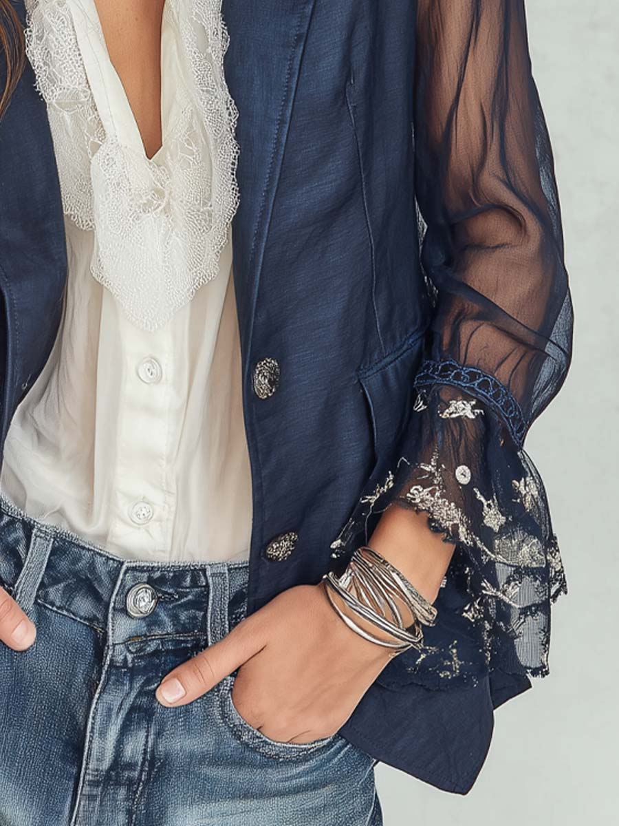 Women's Cotton-Linen Blazer UK – Floral Embroidered Cuffs | The Marguerite | Huna