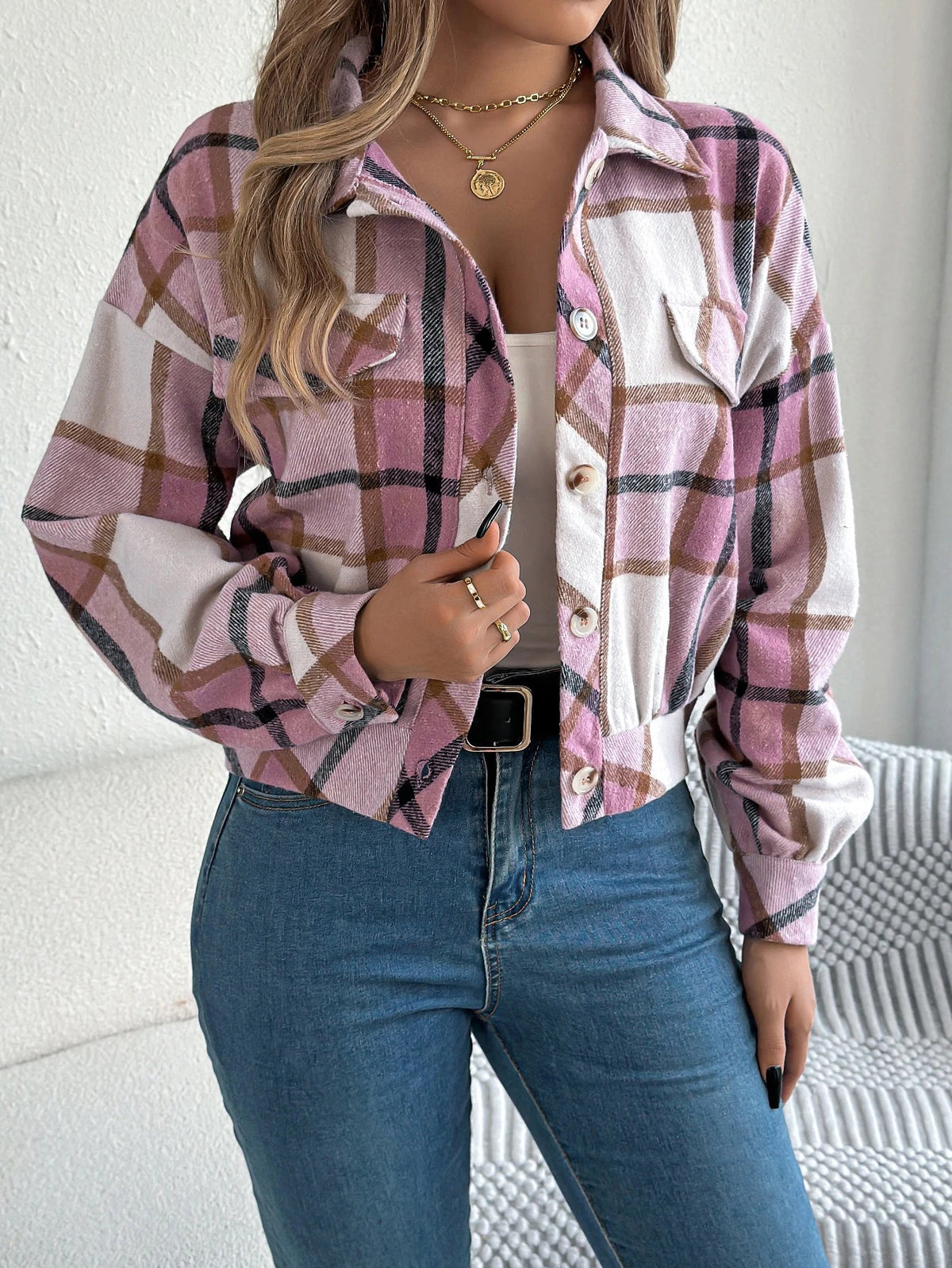 Women's Cropped Plaid Shacket UK – Button Front Chest Pockets | The Ottilie | Huna