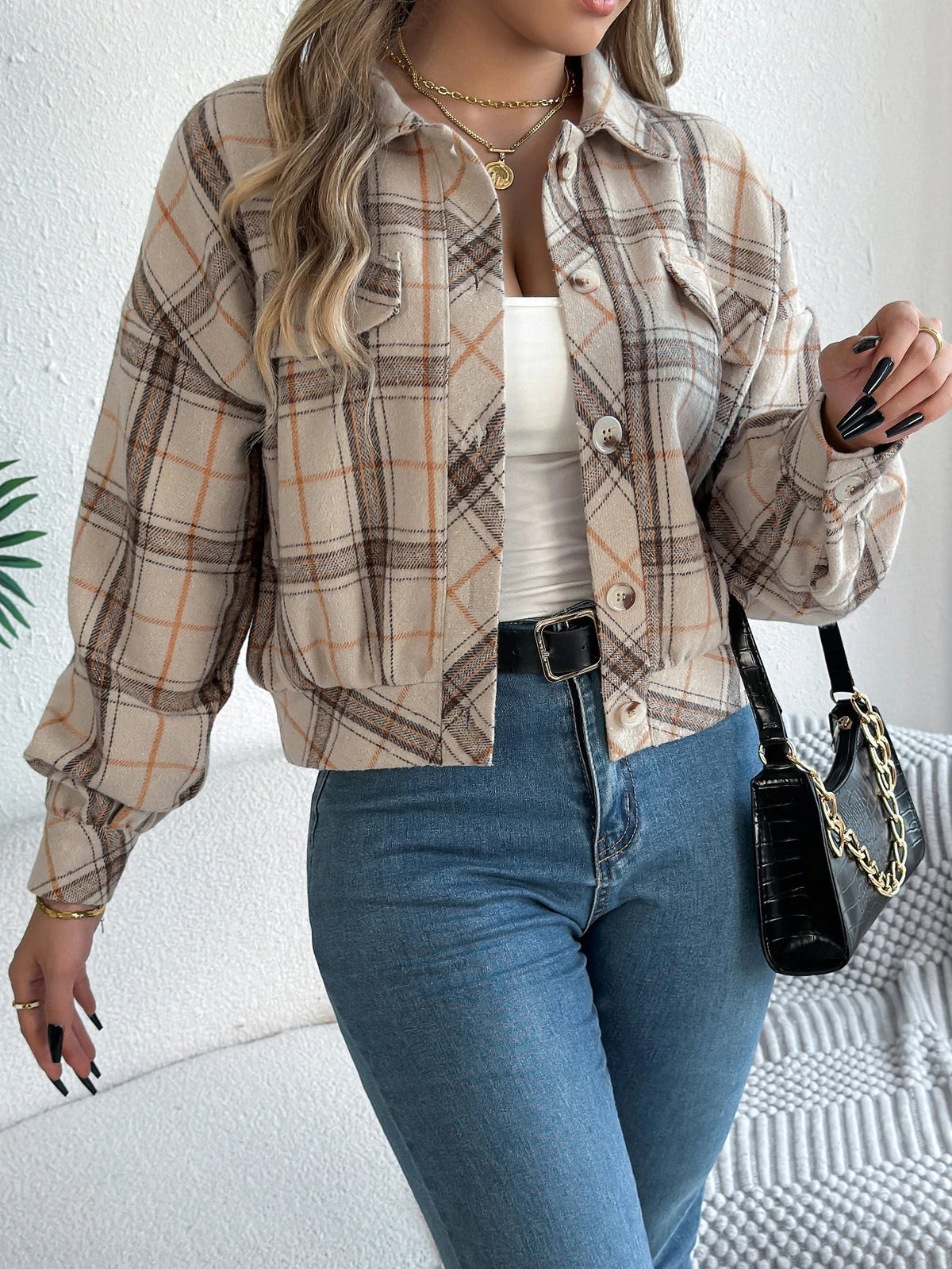 Women's Cropped Plaid Shacket UK – Button Front Chest Pockets | The Ottilie | Huna