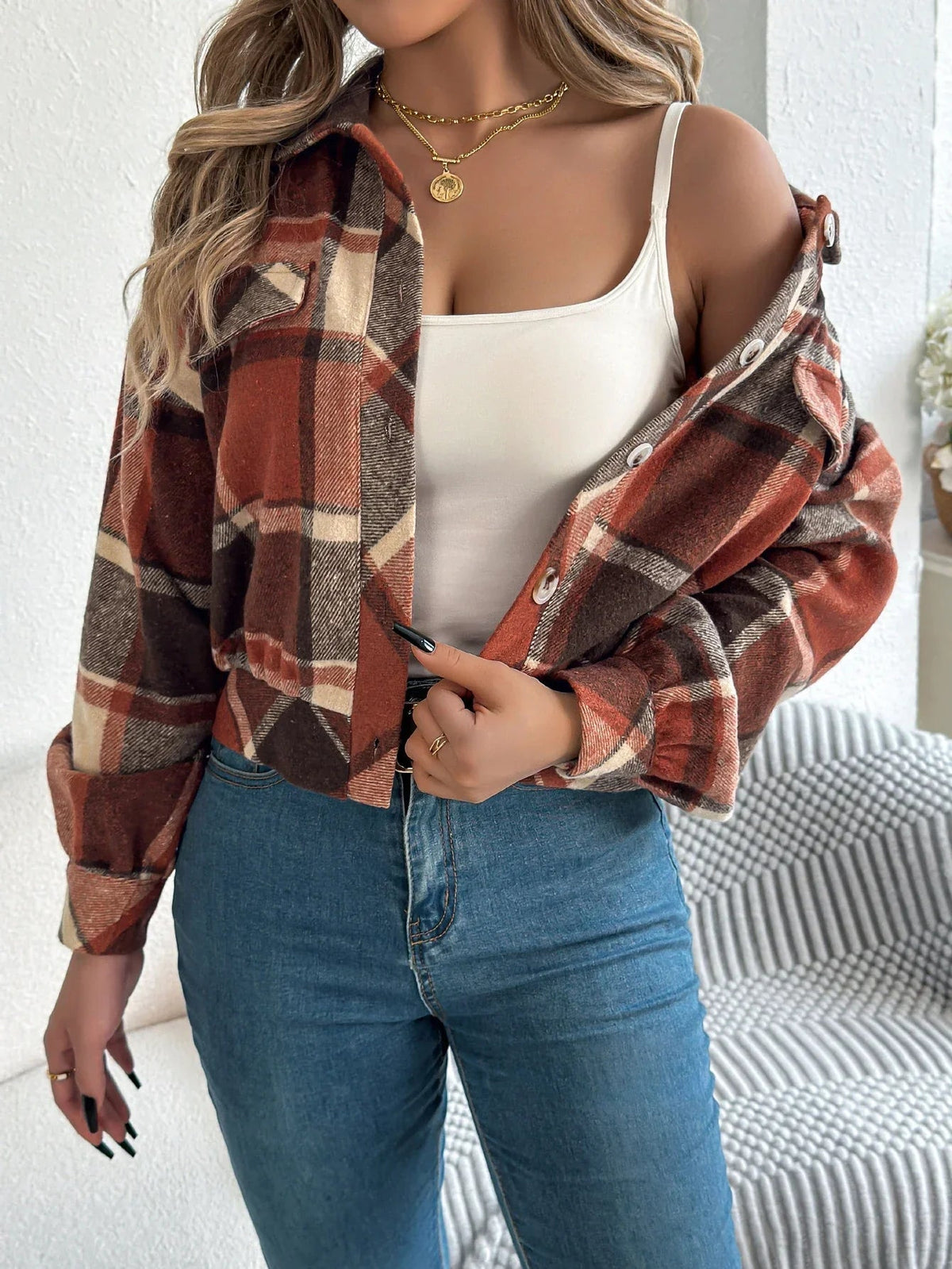 Women's Cropped Plaid Shacket UK – Button Front Chest Pockets | The Ottilie | Huna