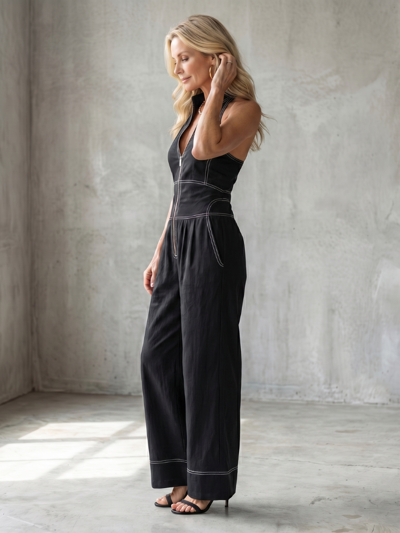 Women's Wide Leg Jumpsuit – Zip Front Contrast Stitch | The Dara | Huna