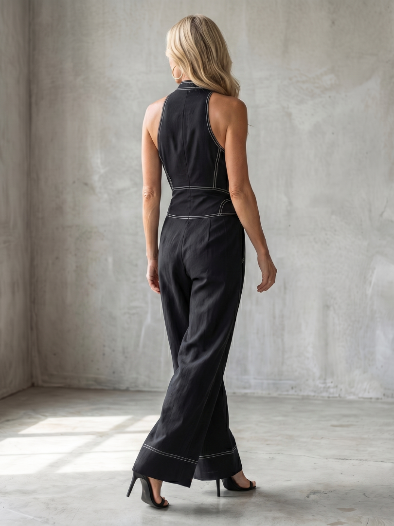 Women's Wide Leg Jumpsuit – Zip Front Contrast Stitch | The Dara | Huna