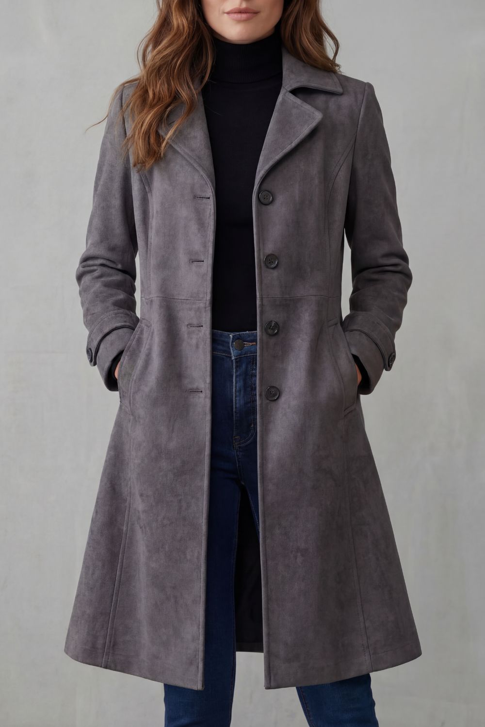 Women's suede longline coat – The Adelphine by Huna – view 5