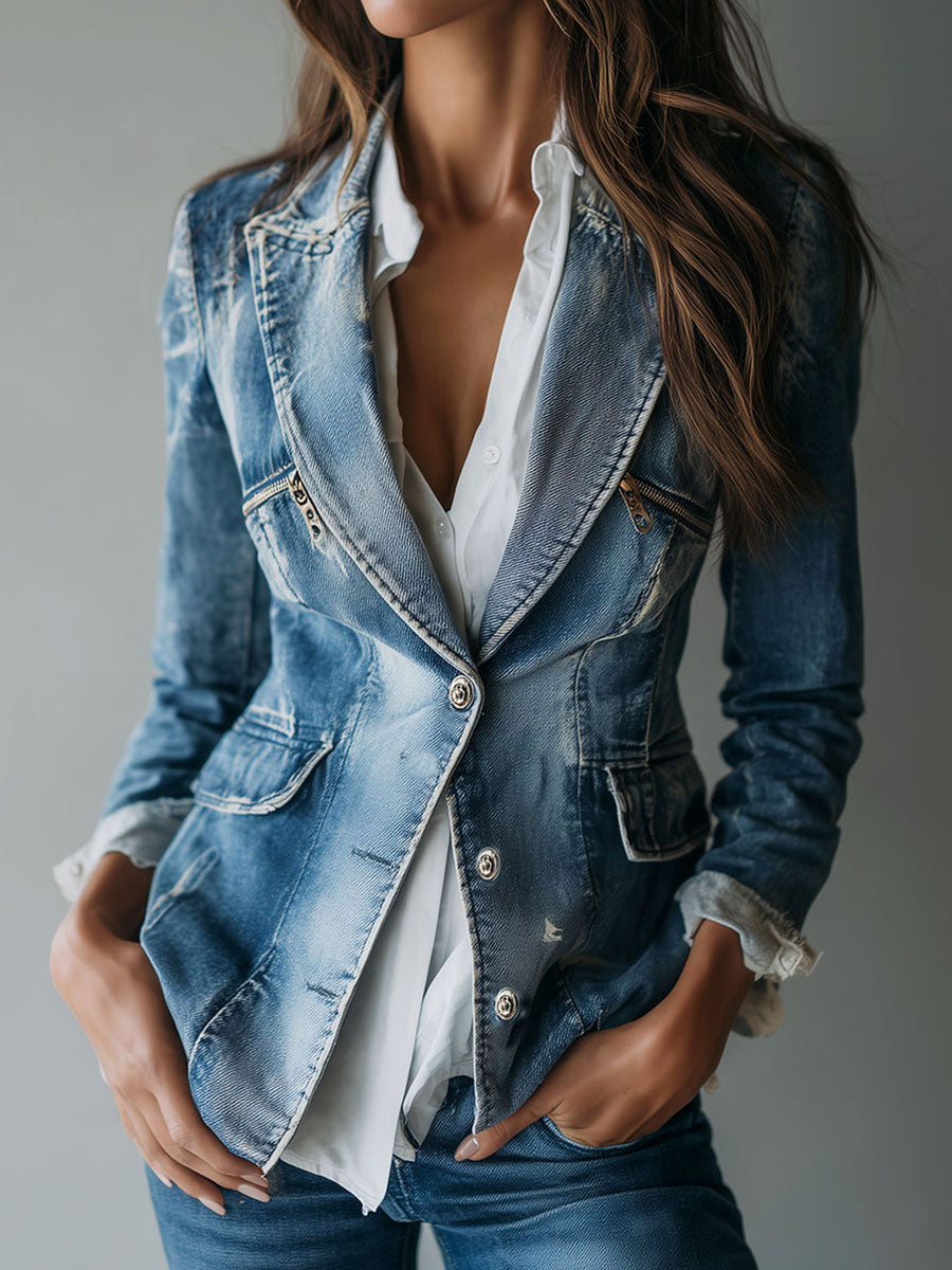 Women's Denim Blazer UK – Tailored Washed Cotton | The Frankie | Huna