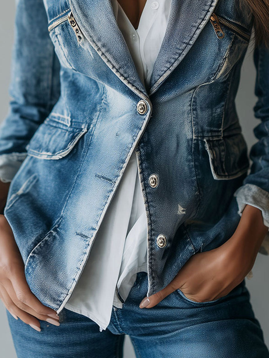 Women's Denim Blazer UK – Tailored Washed Cotton | The Frankie | Huna