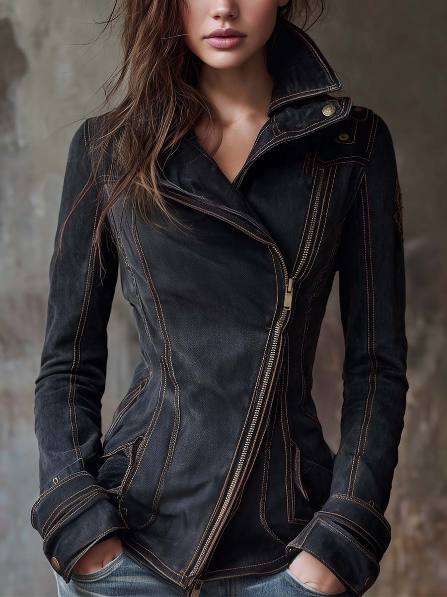 Women's Denim Moto Jacket UK – Washed Charcoal | The Nova | Huna