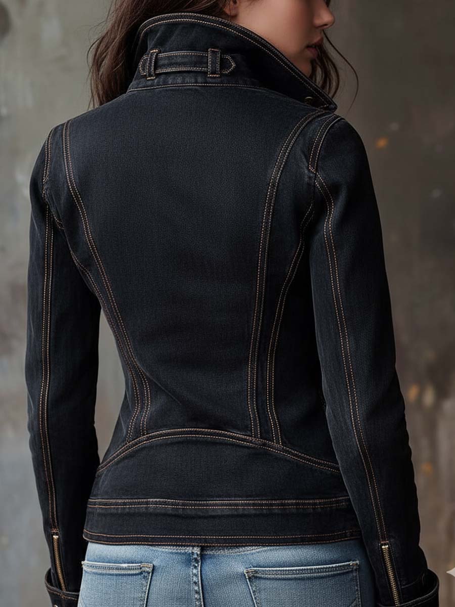 Women's Denim Moto Jacket UK – Washed Charcoal | The Nova | Huna