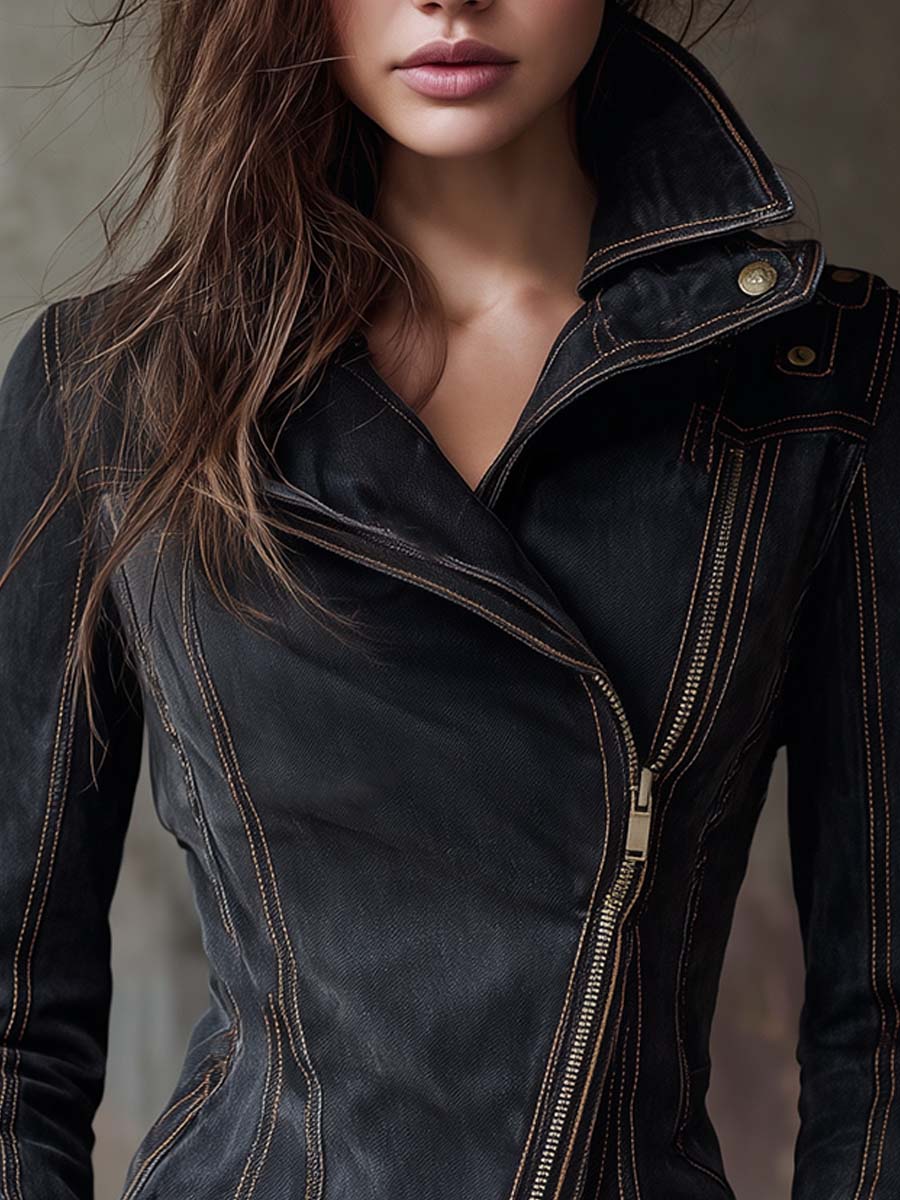 Women's Denim Moto Jacket UK – Washed Charcoal | The Nova | Huna