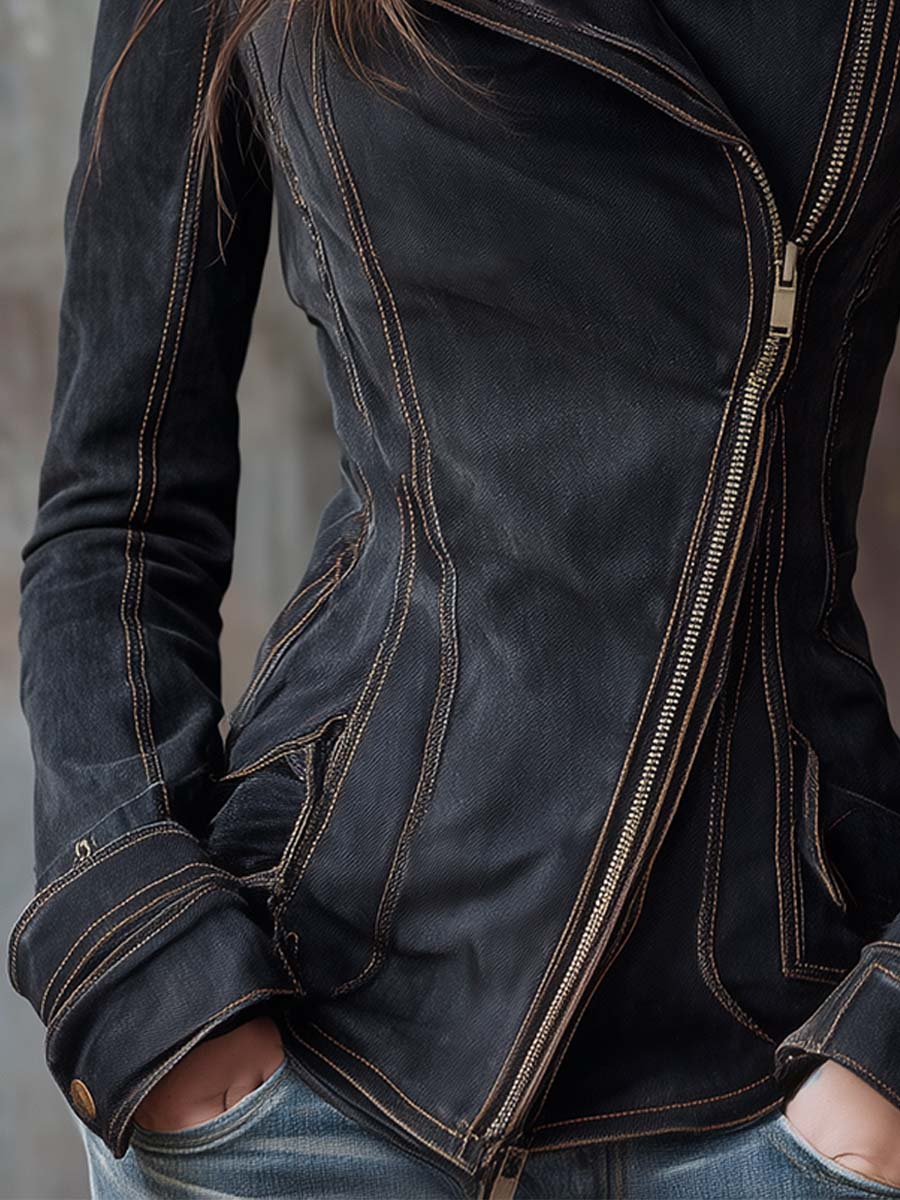 Women's Denim Moto Jacket UK – Washed Charcoal | The Nova | Huna